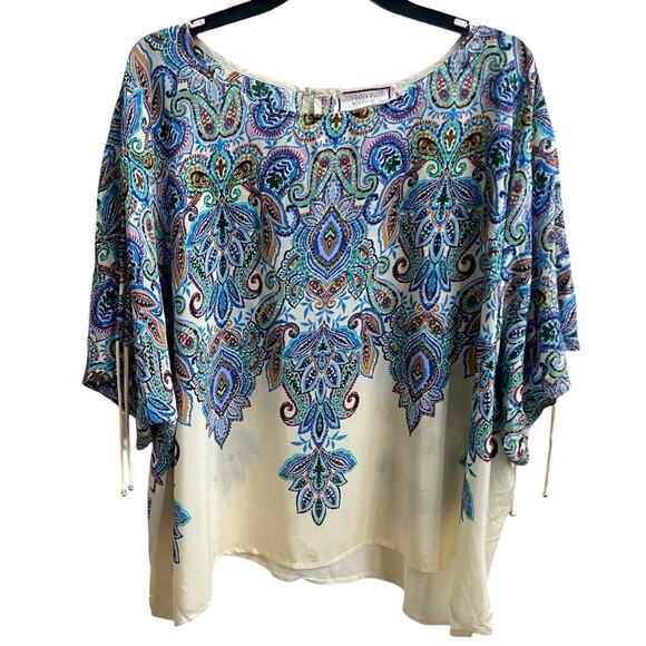 JOHNNY WAS NEW Sz 1X Ruched Sleeve Blouse Ruta Print Top Boho Silk Paisley - Picture 1 of 10